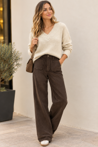 Pull col v beige femme