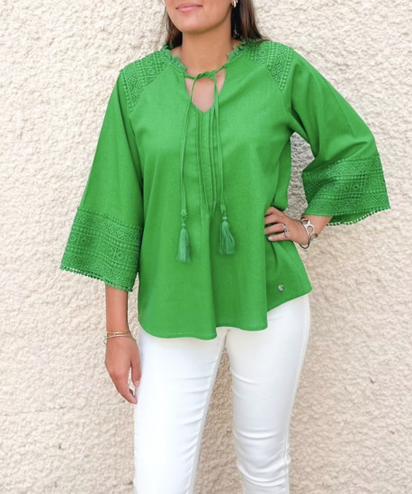 Blouse verte manches 3/4 femme