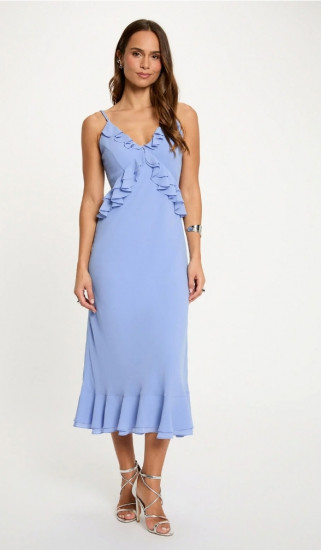 Robe mi-longue col v bleu femme