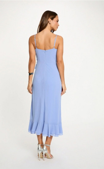 Robe mi-longue col v bleu femme