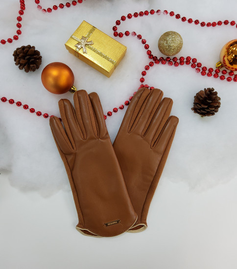 Gants camel bi-matières femme