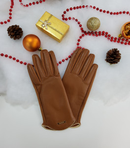 Gants camel bi-matières femme