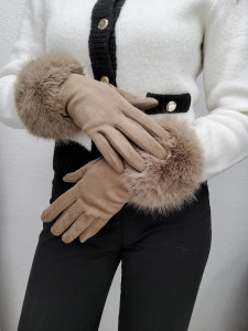 Gants taupe à fourrure femme