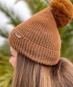 Bonnet camel laine pompom femme