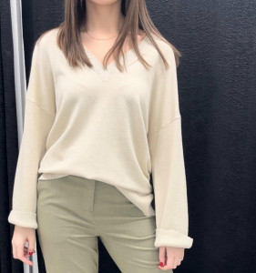 Pull long beige femme