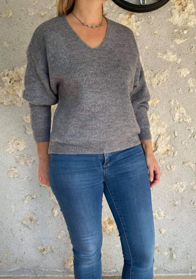 Pull court laine gris chiné femme