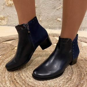 Bottines cuir marine bimatière femme