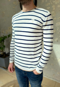 Pull fin rayé marine homme