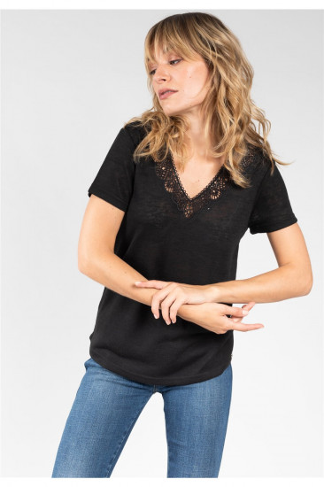 T.shirt noir broderie anglaise femme