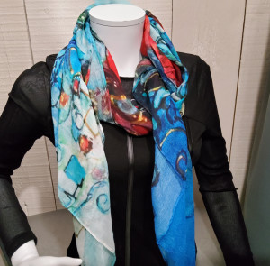 Foulard imprimé peinture turquoise et rouge