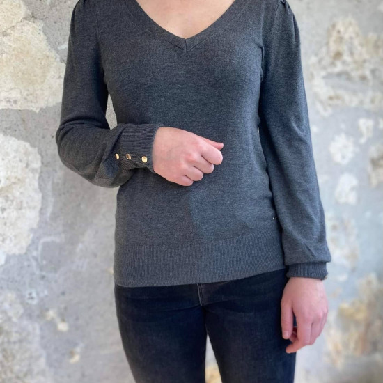 Pull gris anthracite col V femme