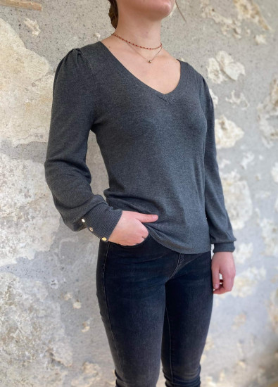 Pull gris anthracite col V femme