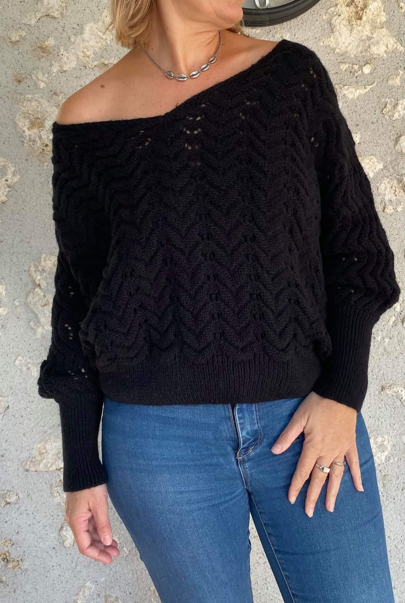 Pull noir laine ajouré femme - BOUTIQUE CAPRICES