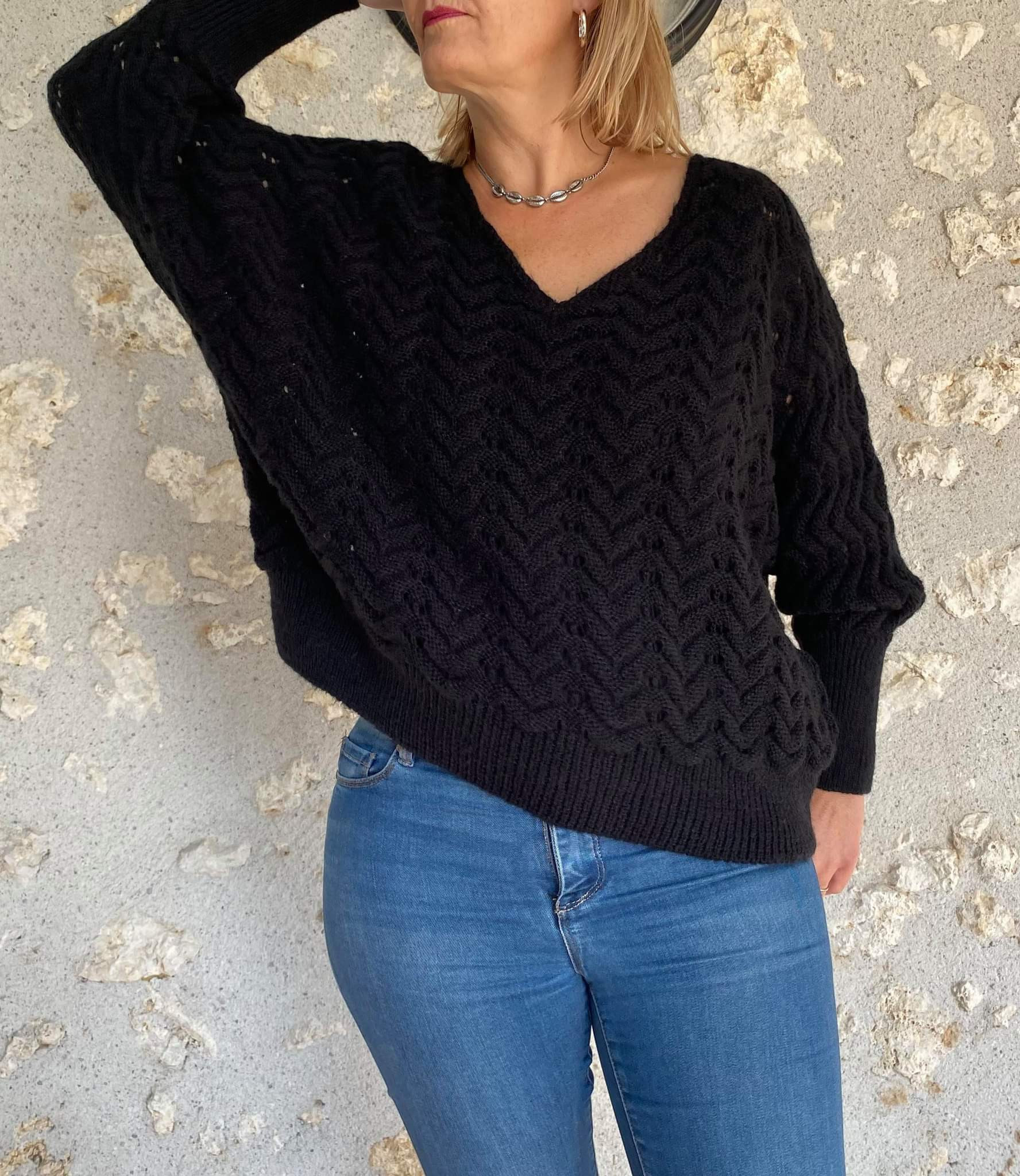 Pull noir laine ajouré femme - BOUTIQUE CAPRICES