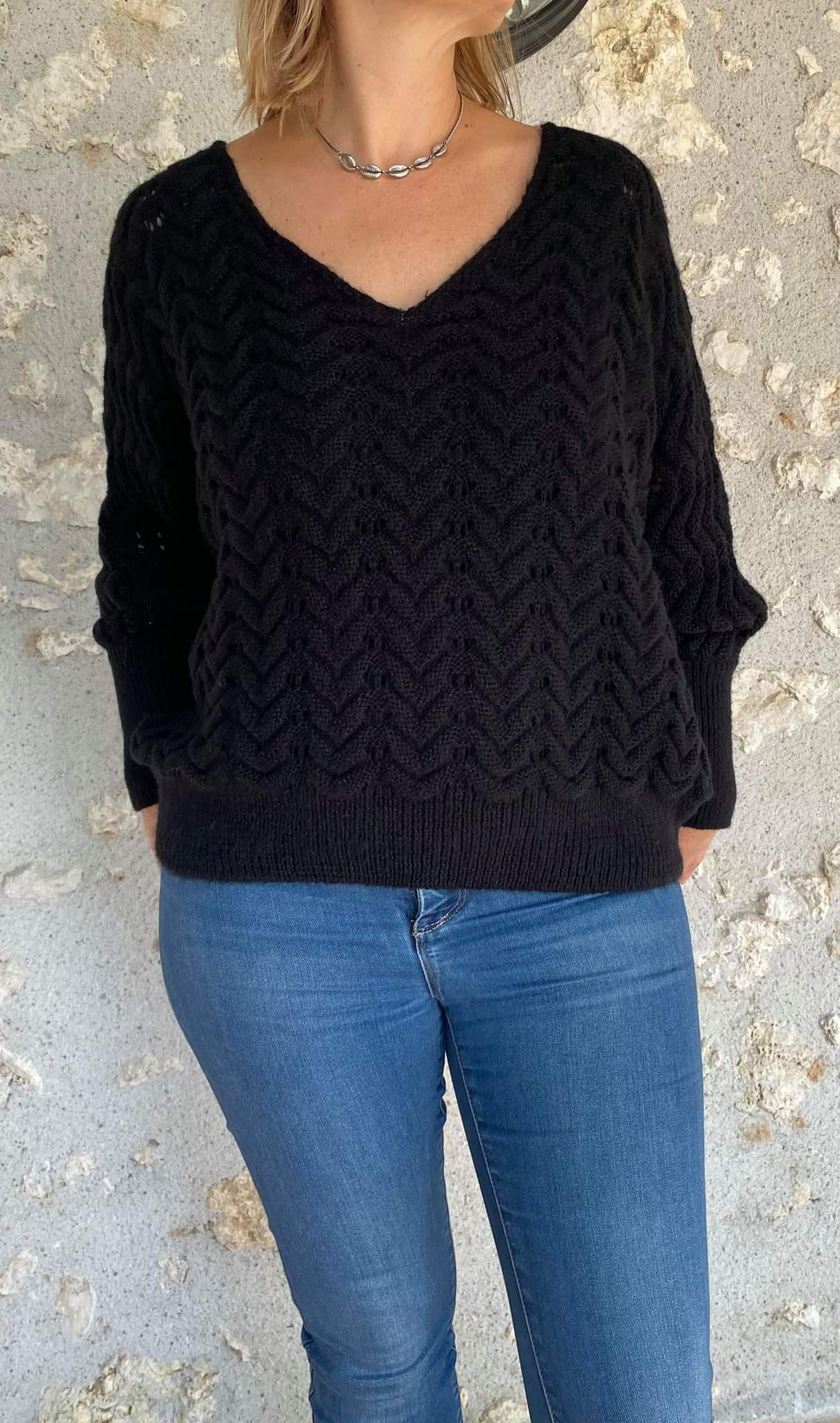 Pull noir laine ajouré femme - BOUTIQUE CAPRICES