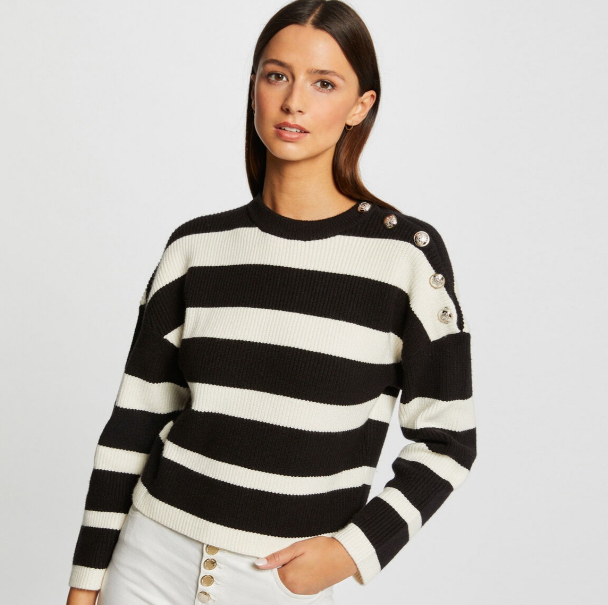 Pull manches longues bandes bijoux noir femme