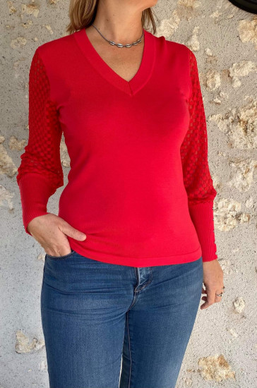 Pull rouge dentelle femme