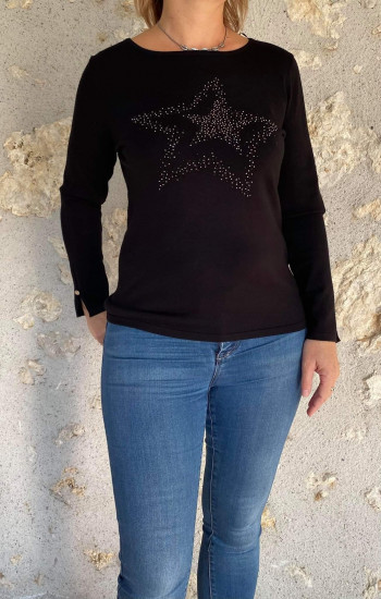 Pull noir strass étoile femme