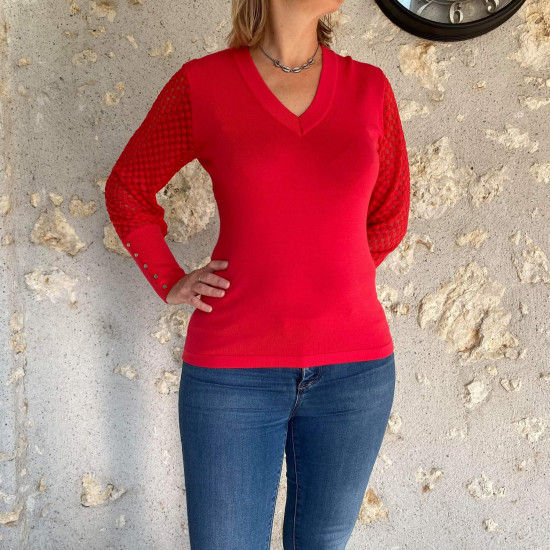 Pull rouge dentelle femme