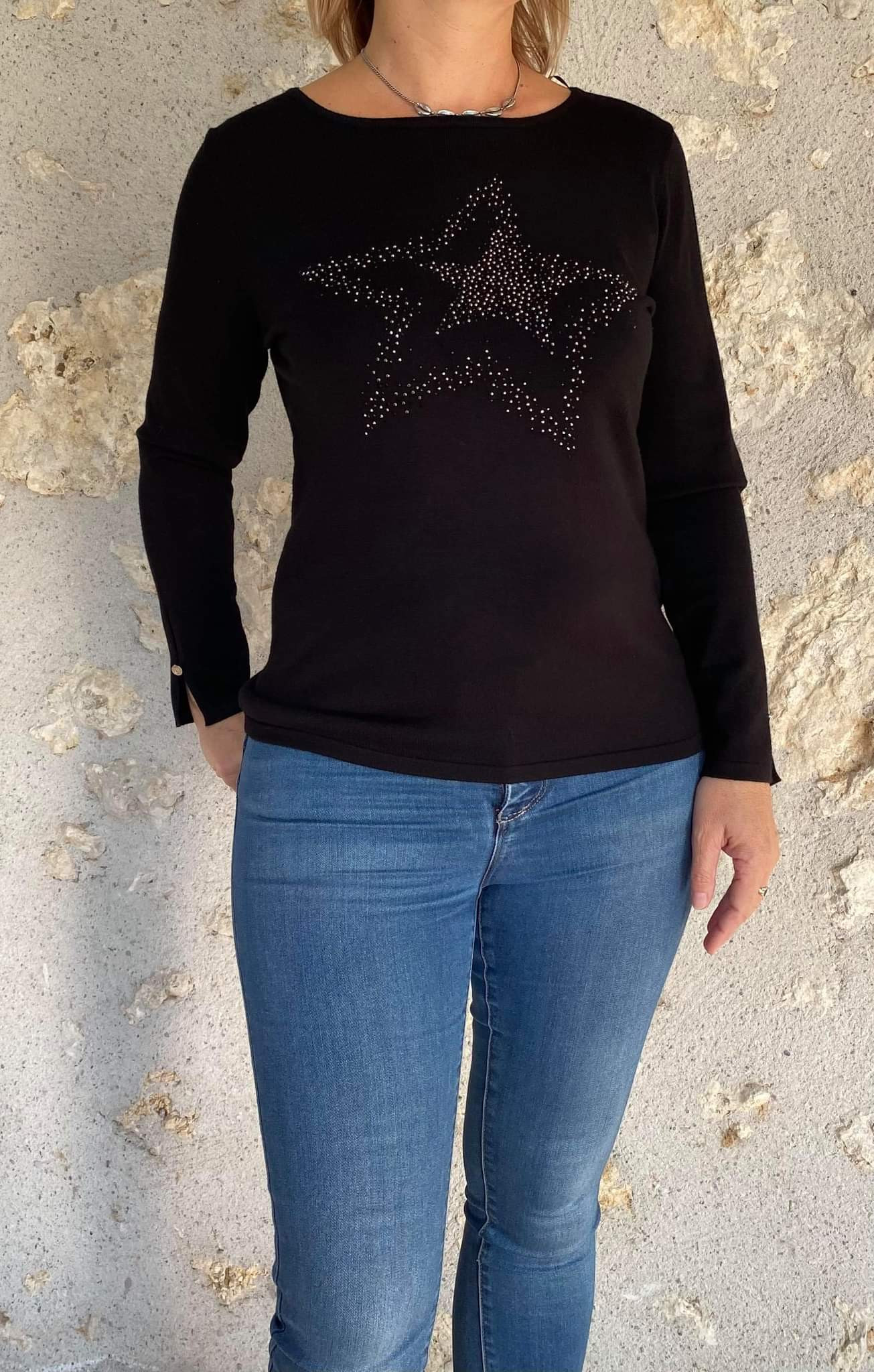 Pull manches longues strass noir femme